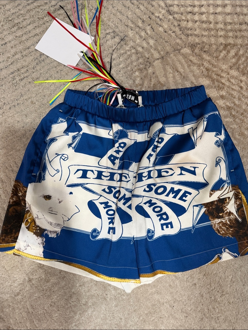 MSGM Blue and White Graphic Print Athletic Shorts with Yellow Trim